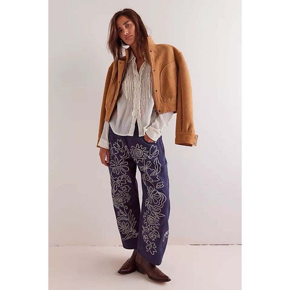 Free People Good Luck Soutache Barrel Jeans  Size 31S Mood Indigo NWT